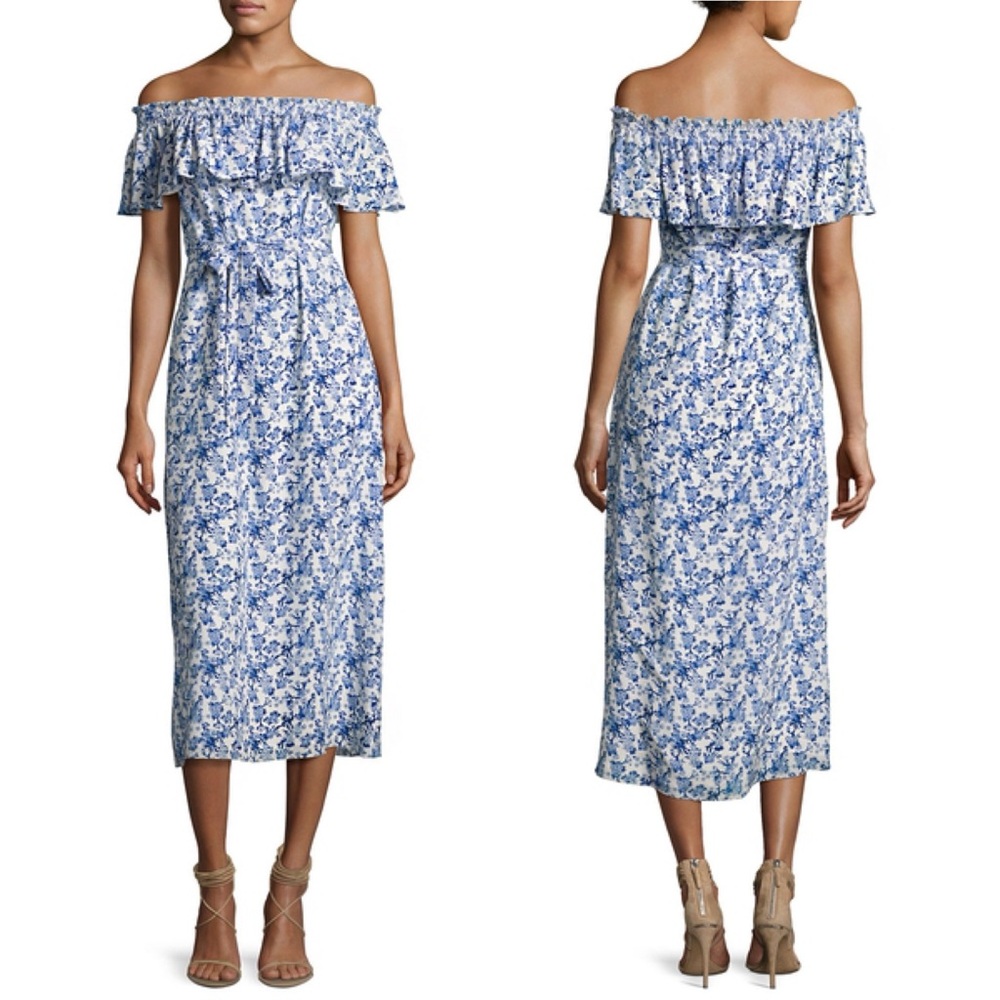 Rebecca Taylor Aimee Silk Blue Floral Off-Shoulder Belted Tie-Waist Midi Dress